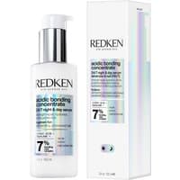 White bottle of Redken Acidic Bonding Concentrate with pump and matching holographic box.