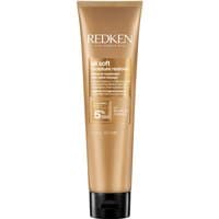 Gold tube of Redken All Soft Moisture Restore Leave-in Treatment with black cap, 150ml size.
