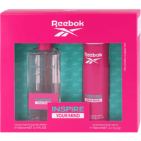Reebok Inspire Your Mind gift set with pink perfume bottle and matching pink body lotion in a vibrant pink box.