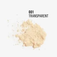 Rimmel Stay Matte Pressed Powder 14g, shade 001 Transparent, beige powder scattered on white background.