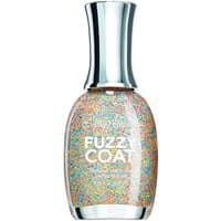 Sally Hansen Fuzzy Coat Nail Polish with multicolored textured speckles in a clear bottle with a silver cap.