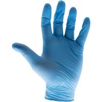 Blue nitrile disposable glove by Scan, textured fingertips, powder-free, snug fit, extended cuff.