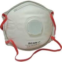 White Scan FFP3 moulded dust mask with red straps and central valve for filtration.