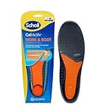 Scholl GelActiv Work Insoles for Men, black and orange with GelWave cushioning, fits UK size 7-12, in branded packaging.