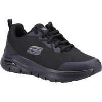 Black Skechers Arch Fit women's slip-resistant work shoe with lace-up design and cushioned sole.