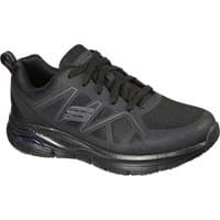Black Skechers Axtell Arch Fit men's work shoe with lace-up design and slip-resistant sole.