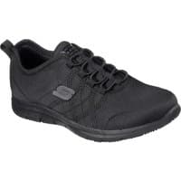 Black Skechers Ghenter Srelt women's safety shoe with slip-resistant sole and lace-up front.