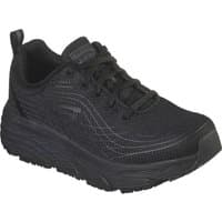 Black Skechers Max Cushioning Elite women's slip-resistant shoe with thick sole and lace-up design.