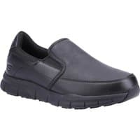 Black Skechers Nampa Annod women's slip-on work shoes with cushioned sole and smooth leather upper.