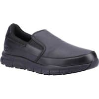 Black Skechers Nampa Groton men's slip-on work shoes with cushioned sole and elastic side panels.