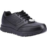 Black Skechers Nampa men's work trainers with lace-up design, padded collar, and slip-resistant outsole.