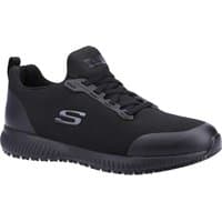 Black Skechers Squad men's slip-resistant work shoes with lace-up design and cushioned sole.