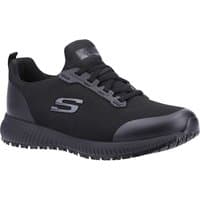 Black Skechers Squad women's wide fit slip-resistant work shoes with lace-up front and cushioned sole.