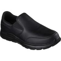 Black Skechers Work Flex Advantage Bronwood slip-on shoe with smooth leather upper and cushioned rubber sole.