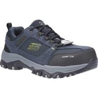 Navy blue Skechers Work Greetah Hiker Boot with black accents, rugged sole, and lace-up design.