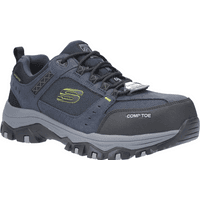 Navy Skechers safety hiker with composite toe, black accents, green stitching, and rugged sole, size 7.