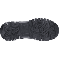 Black Skechers safety hiker boot sole with rugged tread pattern and composite toe, size 8.