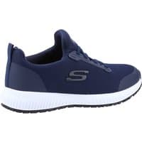 Navy blue Skechers workwear shoe, slip-resistant sole, lace-up design, with "S" logo on the side, size 9.