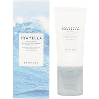 "White SKIN1004 sun serum tube with blue ocean-themed box, labeled Madagascar Centella Hyalu-Cica SPF50+, 50ml"