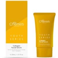 Yellow tube of skinChemists Collagen Facial Serum 30ml with matching box, Youth Series branding.