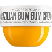 Yellow jar of Sol de Janeiro Bum Bum Cream with white lid and bold black text.
