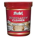 Swirl Liquid Jewellery Cleaner in red container with basket, suitable for silver, gold, platinum, gemstones, and diamonds.