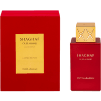 Red Swiss Arabian Shaghaf Oud Ahmar perfume bottle with gold cap and matching red box with gold label.