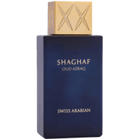 Swiss Arabian Shaghaf Oud Azraq perfume, dark blue rectangular bottle with gold cap and embossed logo, 75ml.