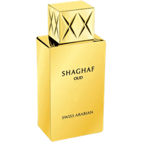 Gold rectangular bottle of Swiss Arabian Shaghaf Oud Eau de Parfum, 75ml, with geometric cap design.