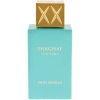 Turquoise Swiss Arabian Shaghaf Oud Tonka perfume bottle with gold cap and embossed logo, 75ml.