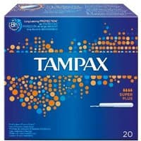 Blue Tampax box with orange dots, "Super Plus" label, and tampon illustration, 20 count.