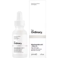Clear glass dropper bottle labeled "The Ordinary Niacinamide 10% + Zinc 1%" next to matching white box.