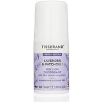 Tisserand Lavender & Patchouli roll-on deodorant, 75ml, white bottle with purple label and floral design.
