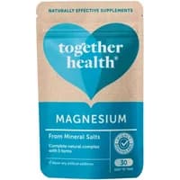 Brown and blue Together Health Magnesium Vegicaps pouch with heart logo and "30" capsule count.