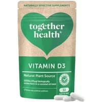 Together Health Vegan Vitamin D3 Vegicaps in green and beige pouch with heart logo and white capsules visible.