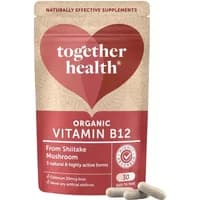 Together Health Vitamin B12 Vegicaps in red and beige pouch with heart logo, 30 capsules at bottom.