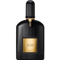 Black ribbed bottle of Tom Ford Black Orchid Eau de Parfum, gold label and cap detail, 50 ml unisex spicy perfume.