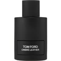 Black cylindrical Tom Ford Ombre Leather Eau de Parfum bottle with white text, 100 ml size.