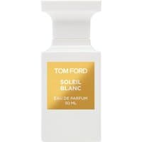 White Tom Ford Soleil Blanc Eau de Parfum bottle with gold label, 50 ml, unisex floral perfume.