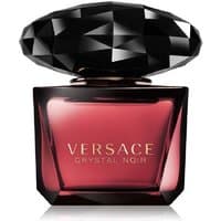 Versace Crystal Noir Eau De Toilette 90ml, dark faceted cap, deep red glass bottle with gold lettering at front front.