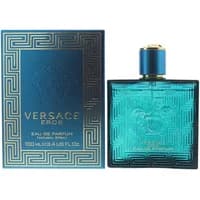 Versace Eros Eau De Parfum 100ml, turquoise bottle with Medusa logo, gold cap, and matching ornate box.