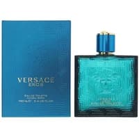 Versace Eros Eau De Toilette 100ml, turquoise bottle with Medusa emblem, gold cap, matching blue box.