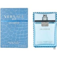 Versace Man Eau Fraiche 100ml bottle with textured blue packaging and silver spray nozzle.