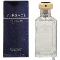 Clear glass bottle of Versace The Dreamer Eau de Toilette, gold hexagonal cap, next to starry blue box.