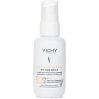White Vichy Capital Soleil SPF 50+ sun cream bottle with pump, featuring gold and black text, 40ml size.