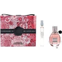 Viktor & Rolf Flowerbomb Gift Set with pink floral box, pink perfume bottle, and travel spray.