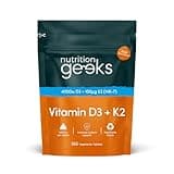 Nutrition Geeks Vitamin D3 K2 tablets in orange and blue resealable pouch, labeled 365 tablets, high strength.