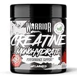 Warrior Creatine Monohydrate Powder, black jar, 300g, bold white text, red accents, vegan logo, unflavoured.
