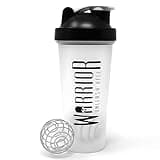 Clear Warrior protein shaker bottle, 600ml, with black lid and wire mixball blender, BPA free, dishwasher safe.