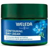 Weleda Blue Gentian & Edelweiss Contouring Day Cream in a green jar with blue floral design, 40ml.